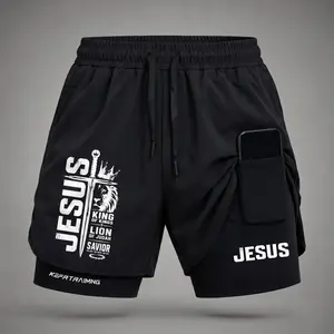 Men’s Jesus Cross Letter Graphic Print 2-in-1 Athletic Shorts, Built-in Compression Liner, Secure Inner Phone Pocket, Elastic Drawstring Waist, Quick-Dry Gym Running Training Shorts for Summer Daily Wear
