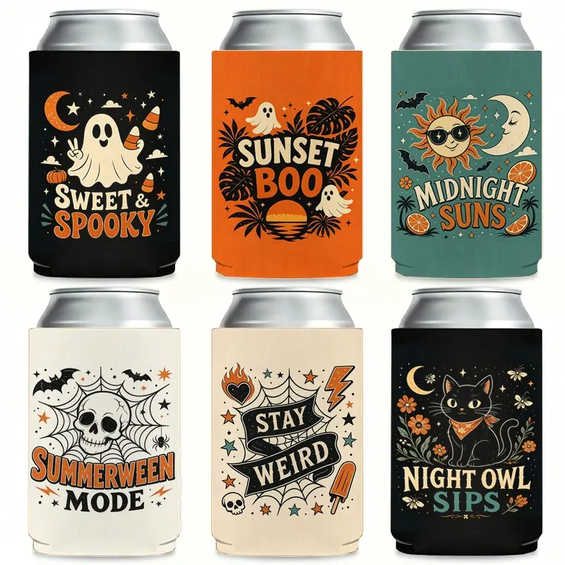 Funny Koozies for Party – "Sweet&spooky – Sunset Sips & Midnight Spooky" Can Cooler with Thermo coolers, Best Can Koozie for Cans, Perfect Koozies for Cans, Hilarious Gifts for Night Owls, and Backyard Gatherings-6Pack