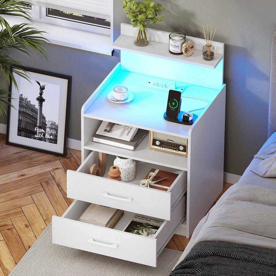 Night Stand with Charging Station, LED Bedside Table with Drawers & Storage Shelf, Modern Wood End Table Side Table for Bedroom, Multi-Function Bedside Storage Nightstand for Home Night Stand with Charging Station, LED Bedside Table with Drawers & Storage Shelf, Modern Wood End Table Side Table for Bedroom, Multi-Function Bedside Storage Nightstand for Home