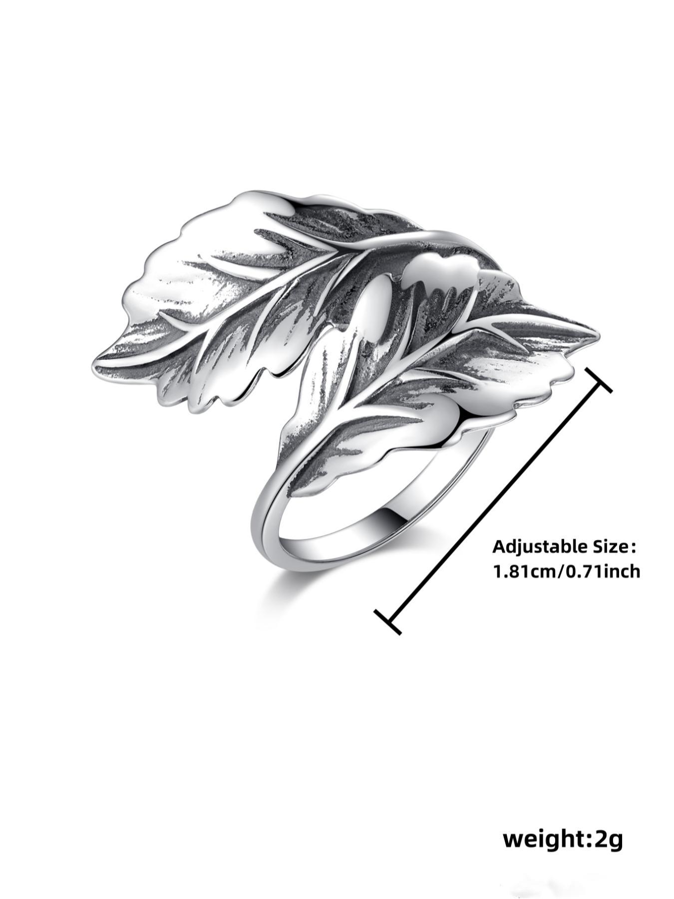 925 Sterling Silver Vintage Style Leaf Design Cuff Ring, Adjustable Open Ring, Fashion Hand Jewelry Accessories for Women & Men, Elegant Ring