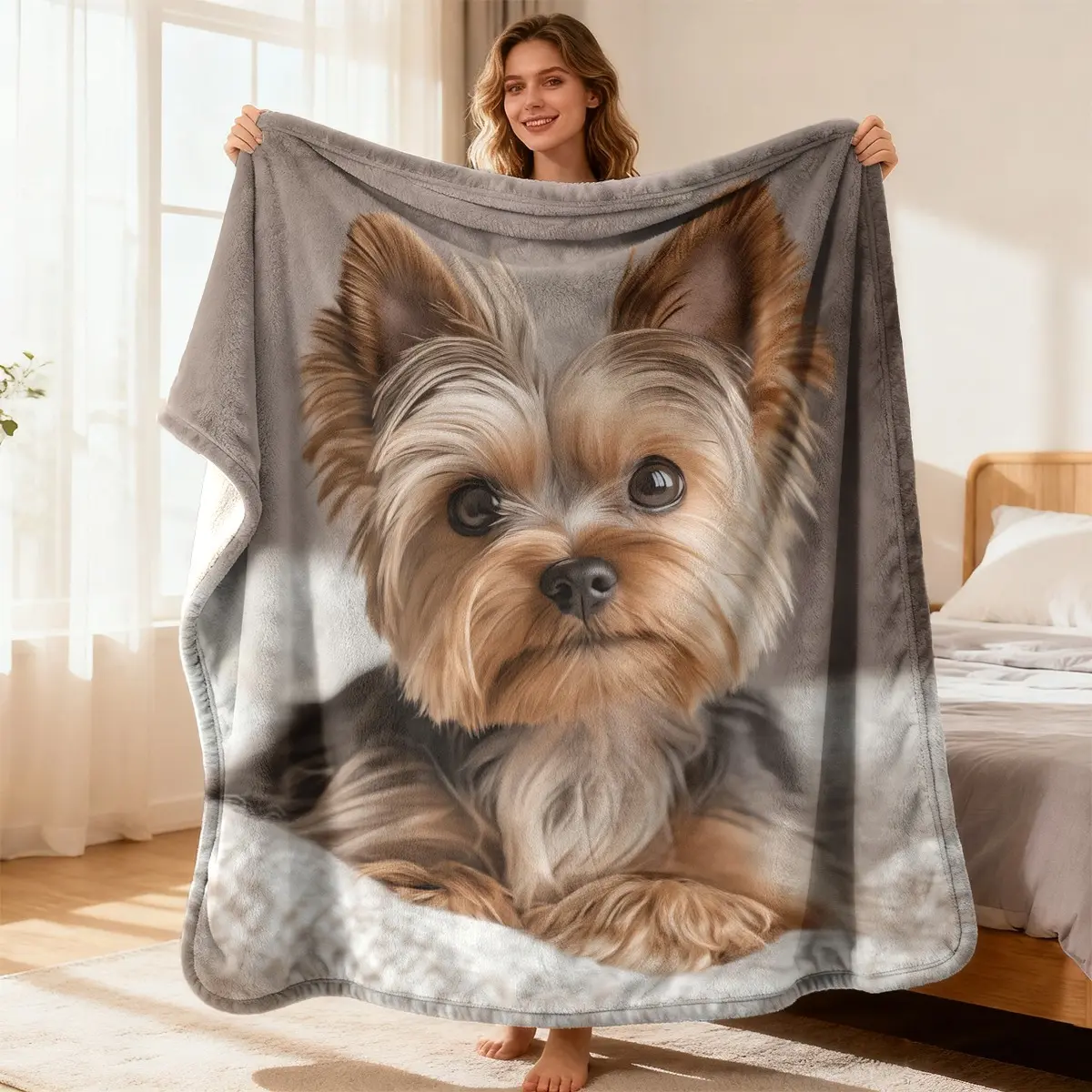 1PC Realistic Yorkshire Terrier Portrait Flannel Blanket, Cute Yorkie Dog Photo Print Soft Throw Blanket, Yorkie Pet Lover Nap Cover For Sofa Office, All Season Gentle Pet Aesthetic Decor Bed Throw