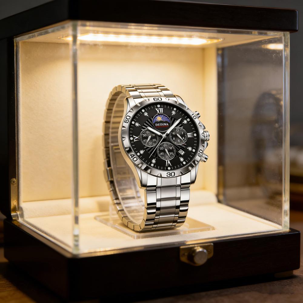 Men's Quartz Watch PE903 Movement 42mm Dial Luminous Display Calendar Moon Phase 30M Waterproof Stainless Steel Strap Business Style Hot-Selling Item