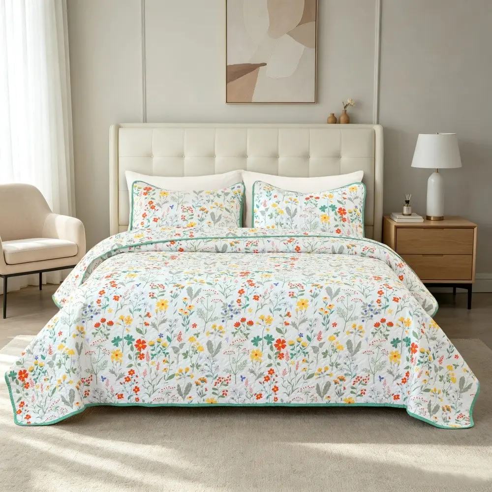 Wildflower Quilt Set, Lightweight Plant Print Bedspread with Pillowcase, Soft Reversible Duvet Cover, All-Season Bedroom Decor