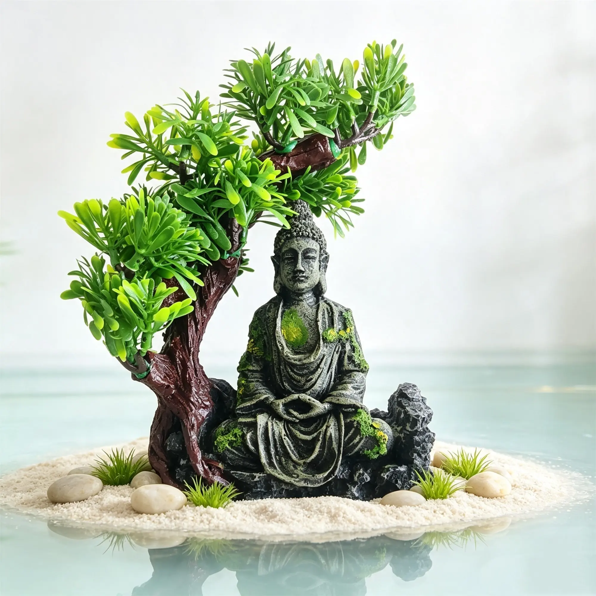 Fish Tank Decor Buddha Statue, Realistic Welcoming Pine Zen Seated Buddha Aquarium Decoration, Resin Landscape Fake Mountain Ornament