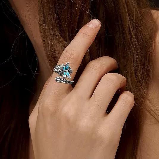 Vintage bohemian turquoise dragonfly sunflower wrap ring for women