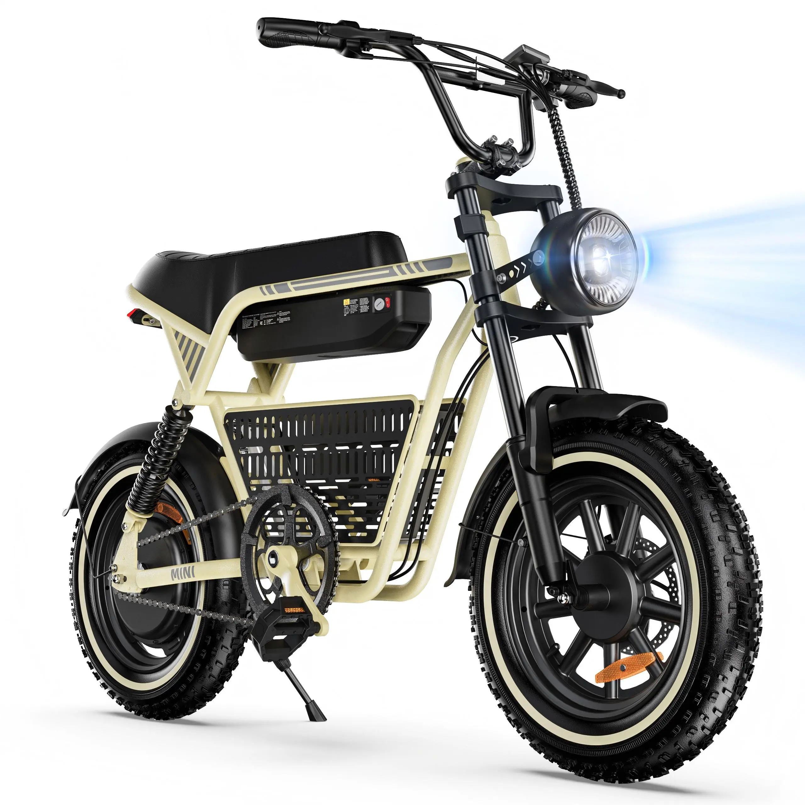 16-Inch Fat Tire Adult Mini Electric Bike with Bike Seat, 1000W Fast Speed Retro E-Bicycle, Bluetooth Speaker, 5-Speed Adjustable Dual Brakes, Off-Road City Cruiser for Commute Outdoor Riding, Mini Bike