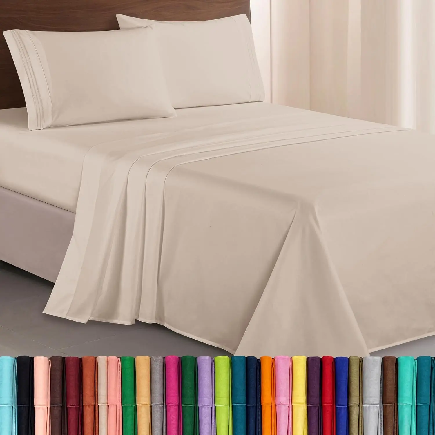Luxurious 1500 Premium Hotel Quality Microfiber Three Line Embroidered Softest 4-Piece Bed Sheet Set, Wrinkle and Fade Resistant, King, Cream