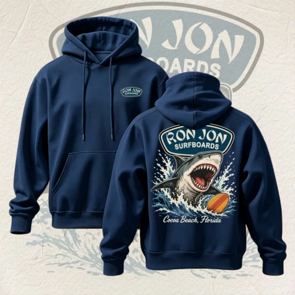 Retro Shark Surf Graphic Hoodie Unisex Front Back Print Pullover Hooded Sweatshirt Florida Beach Ocean Casual Street Top