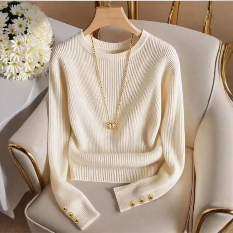 Women's Ivory Ribbed Knit Sweater - Crew Neck, Long Sleeve, Gold Button Cuffs, Fitted Slim Pullover, Essential Feminine Garment for Everyday Work, Fall Winter Layering Top