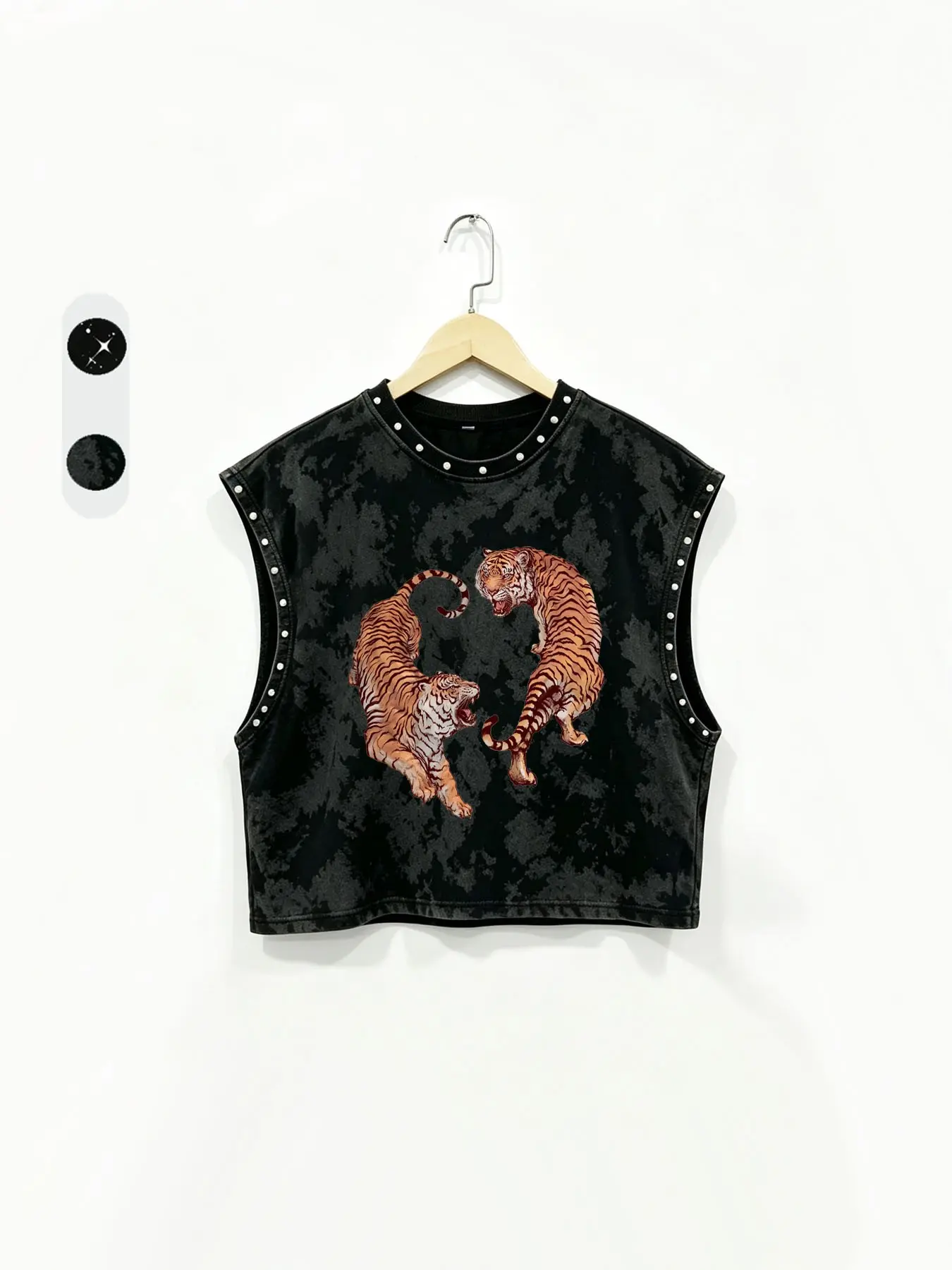 Unisex Tiger Pattern Tank Top, Gothic Punk Rivet Trim, Short Sleeveless Design, Washed Finish, Unisex Casual Wear