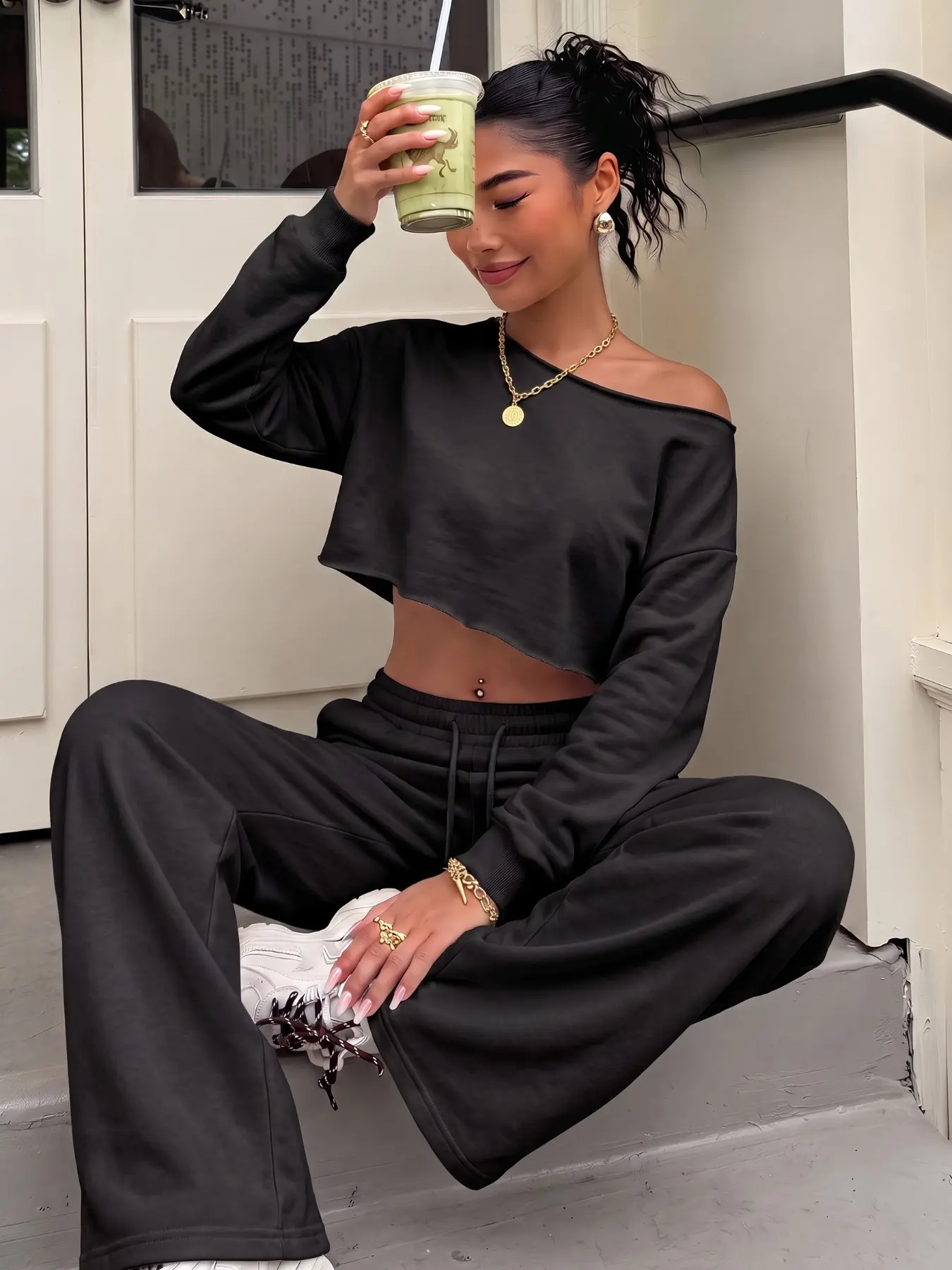 Women Buttery Soft Fleece Matching Tracksuit Solid Grey One Shoulder Raw Edge Cropped Top Drawstring Wide Leg Floor Pants Urban Two Piece Outfit