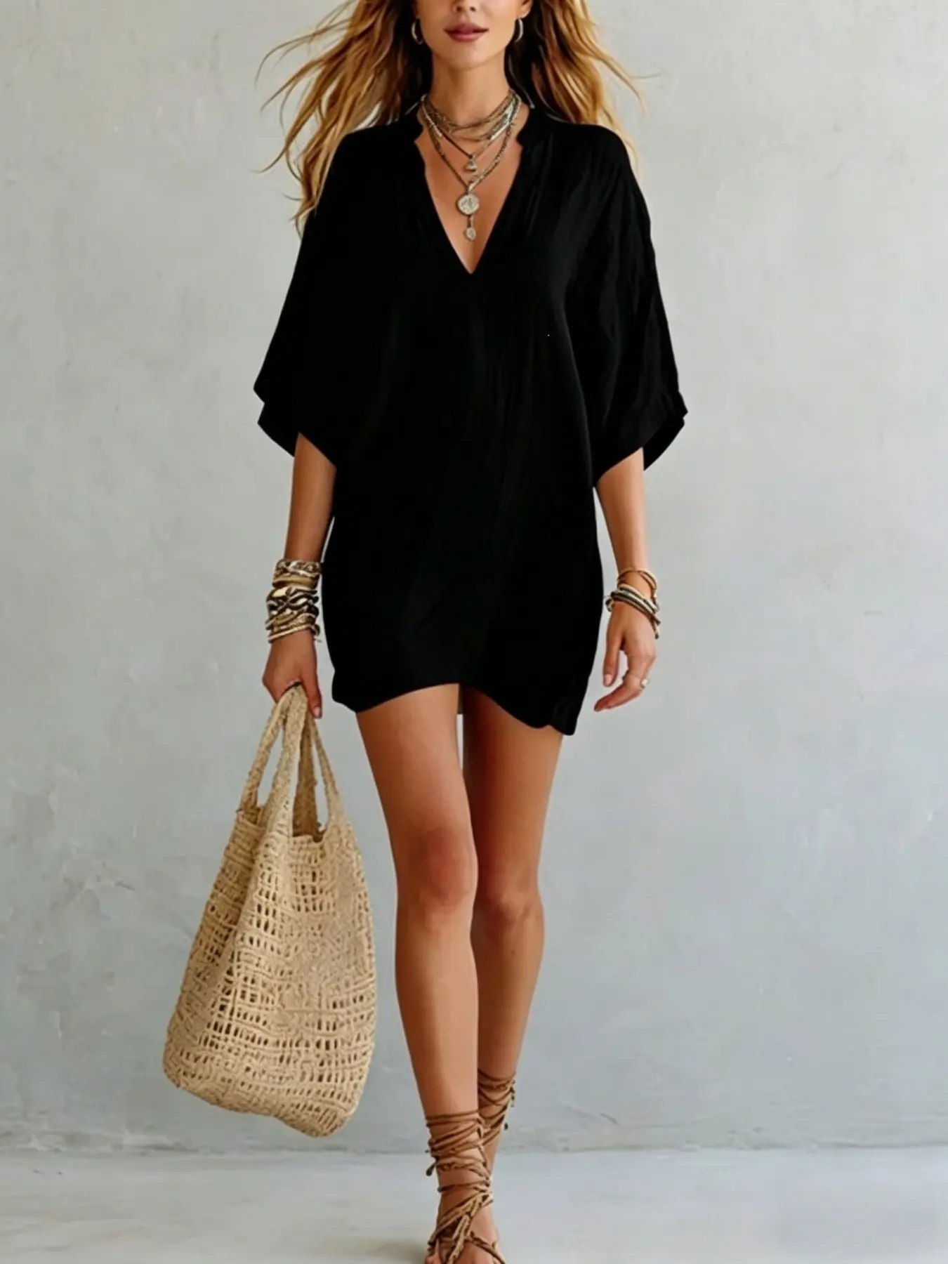 French Style Casual V-Neck Short Sleeve Dress, Summer Loose Wide Sleeve Textured Fabric Mini Beach Vacation Dress for Women Fit, Beach Wear Dress