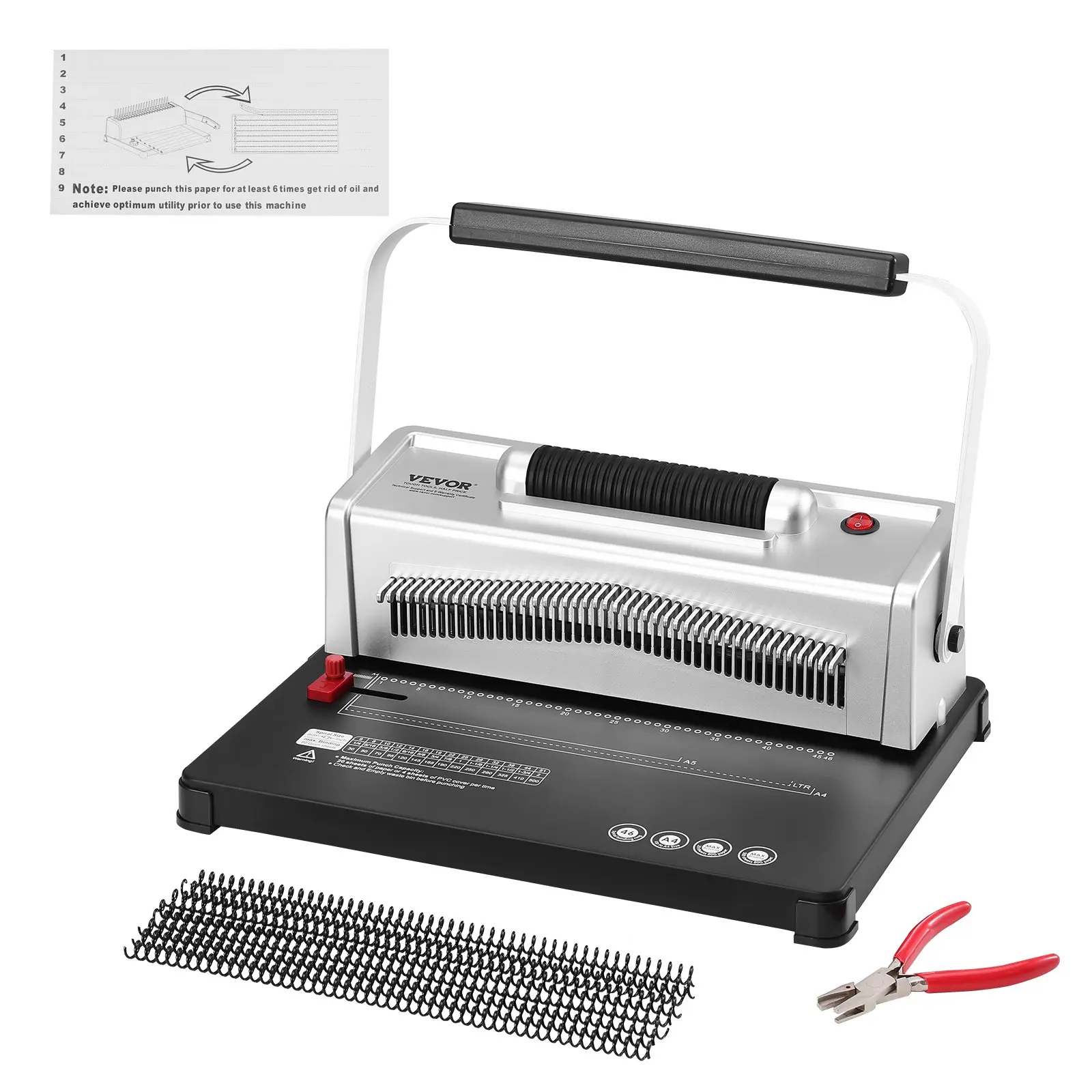 VEVOR Manual-Electric Coil Spiral Binding Machine, 46-Holes Punch Tool for Offices, 500-Sheet Large Capacity, 100pcs 5/16'' Adjustable Coil Binding Spine Size, Fits Letter/A4/A5 Sizes, Improves Efficiency