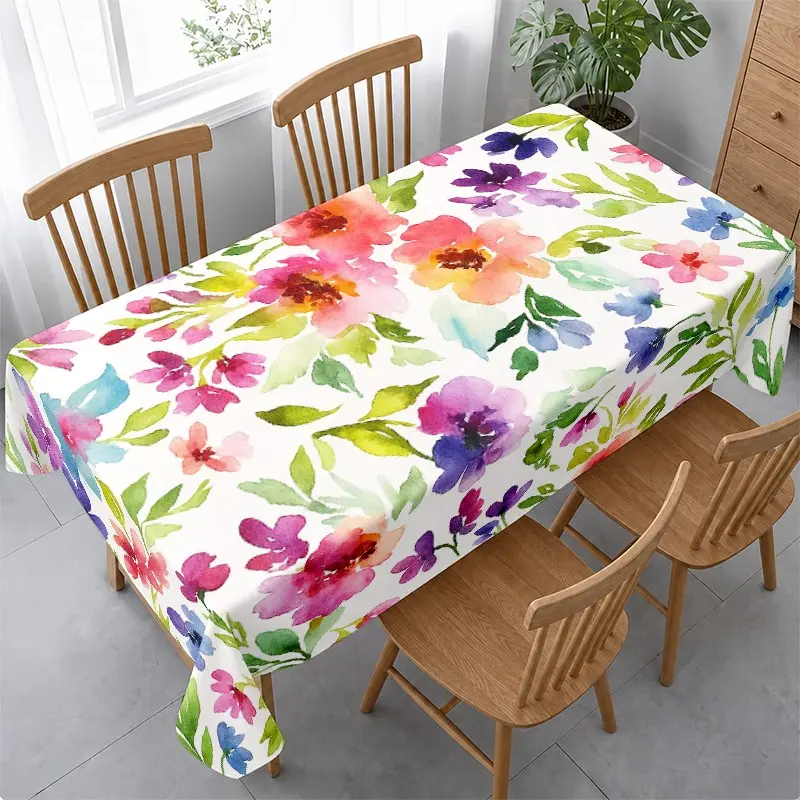 Watercolor Floral Tablecloth, Soft Hand-Drawn Flowers, Waterproof and Easy to Clean, Artistic Dining Atmosphere, Perfect for Family Gatherings