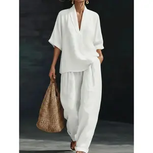 French Linen V-Neck Set for Women, Summer Loose Five-Finger Sleeve Wide Leg Pants, Lazy Style Vacation Casual Two-Piece Set Womenswear, Women Pants Jeans High Waist Comfy Stretchy Daily Weekend Travel Casual。