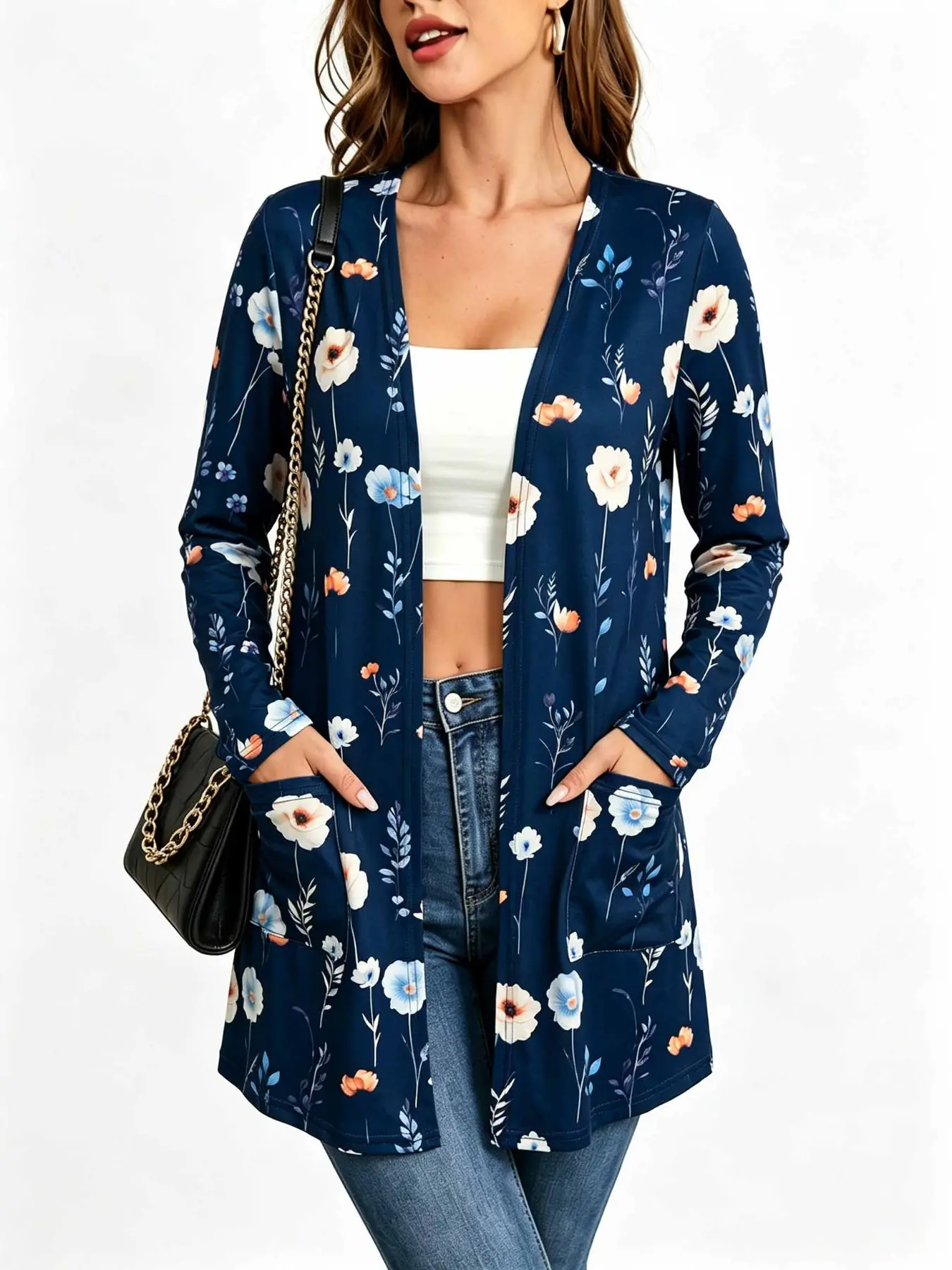 Women Navy Floral Print Open Front Long Cardigan Long Sleeve Loose Tunic Cardigan with Pockets Soft Lightweight Casual Layering Outerwear，Floral Cardigan、Open Front Cardigan、Long Sleeve Cardigan、Pocket Cardigan、Long Tunic Cardigan、Women Outerwear