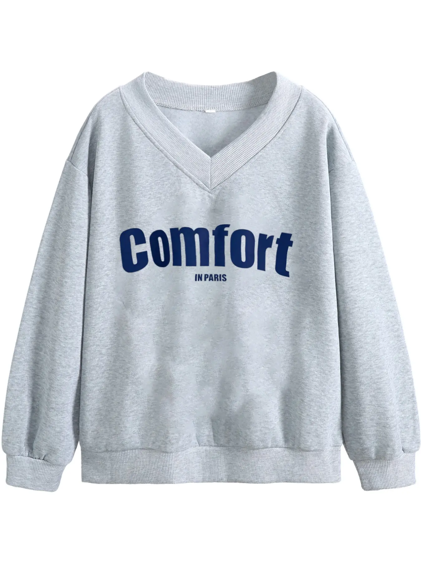 Women's V Neck Letter Print Sweatshirt, Long Sleeve Loose Casual Pullover, Comfort In Paris Graphic Top, Fashion Basic Blouse for Streetwear & Daily Outfit, 2026 Trendy Soft Grey Sweater