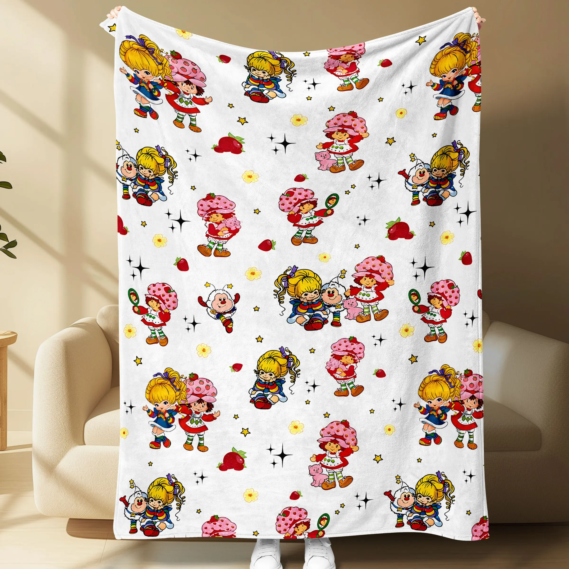 Strawberry Shortcake Rainbow Brite Flannel Throw Blanket, Cute Cartoon Girls Design, Soft Cozy Warm for Couch Sofa Bed, Kids Room Home Decor, Cartoon Printed Blanket