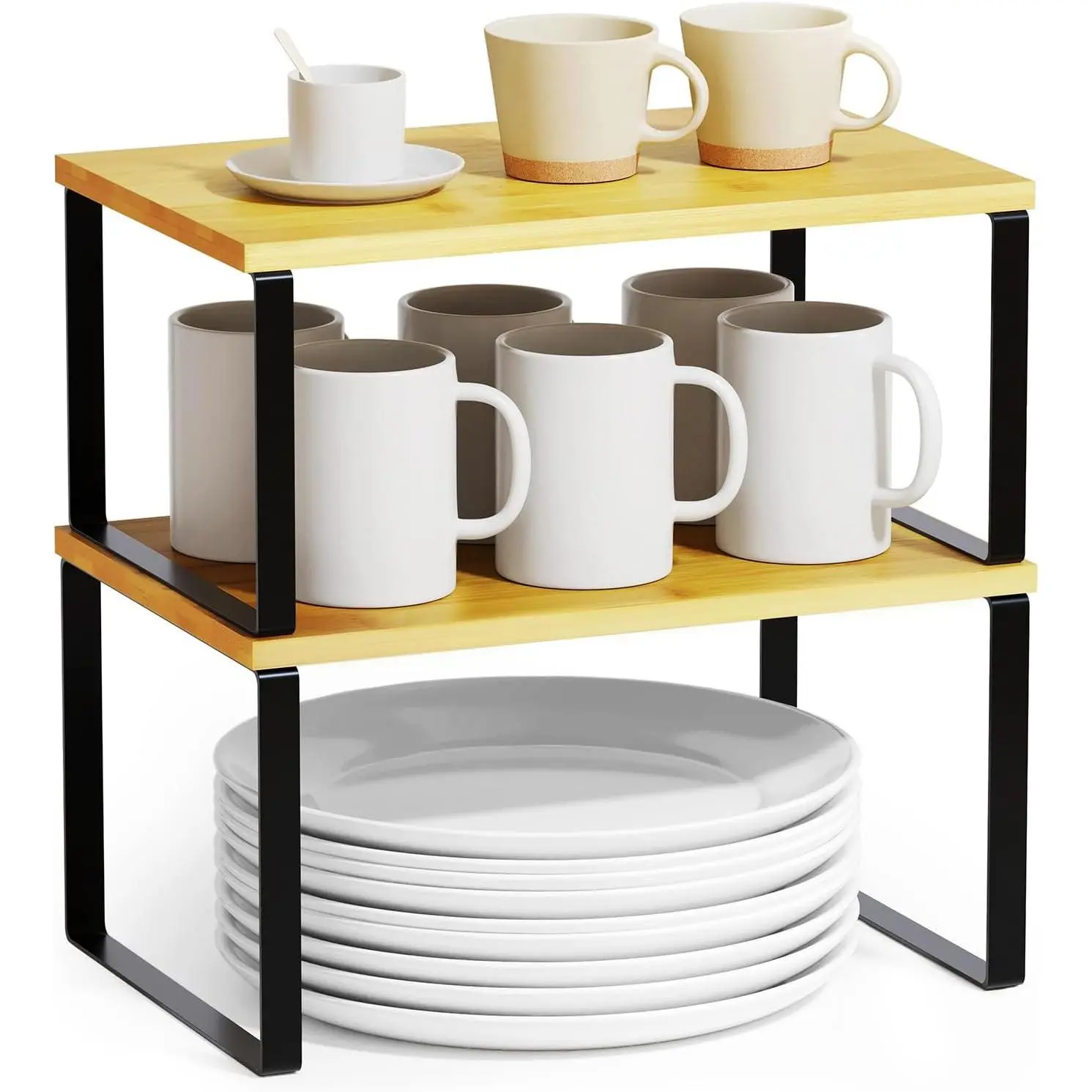 Cabinet Shelf Organizers 2 Pack, Kitchen Counter Rack Shelves Riser, Stackable Expandable Spice Rack, Pantry Cupboard Storage Organization (Black and Natural, Short)