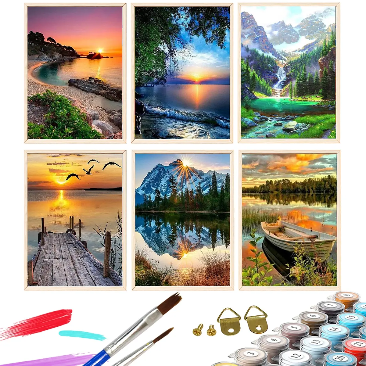 6pcs Paint By Numbers Kit for Adults Beginners -12x16in / 30x40cm Color Canvas, Easy DIY Healing Landscape Sunset Acrylic Painting Set - Wall Decor for Living Room and Bedroom, Creative Gift for Birthday, Mother's Day and Christmas, Without Frame