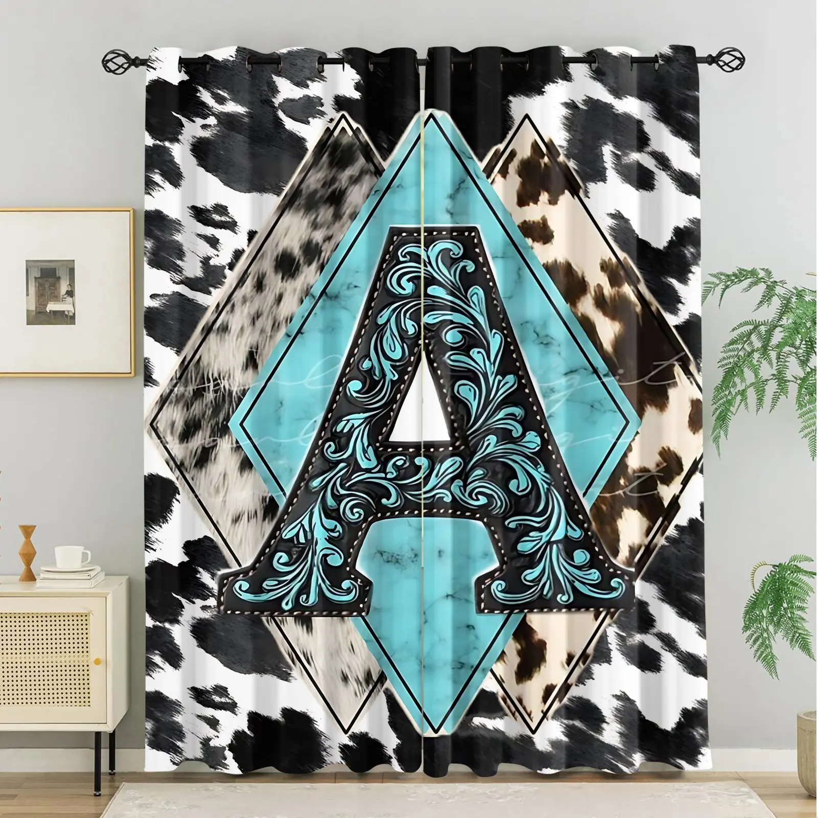 2Pcs Farmhouse-Style Blackout Curtains, Polyester Privacy Curtain, Feature A-Z Print and Cow-Patterned Design, Easy to Install, Machine Washable, Suitable for Bedrooms, Studies