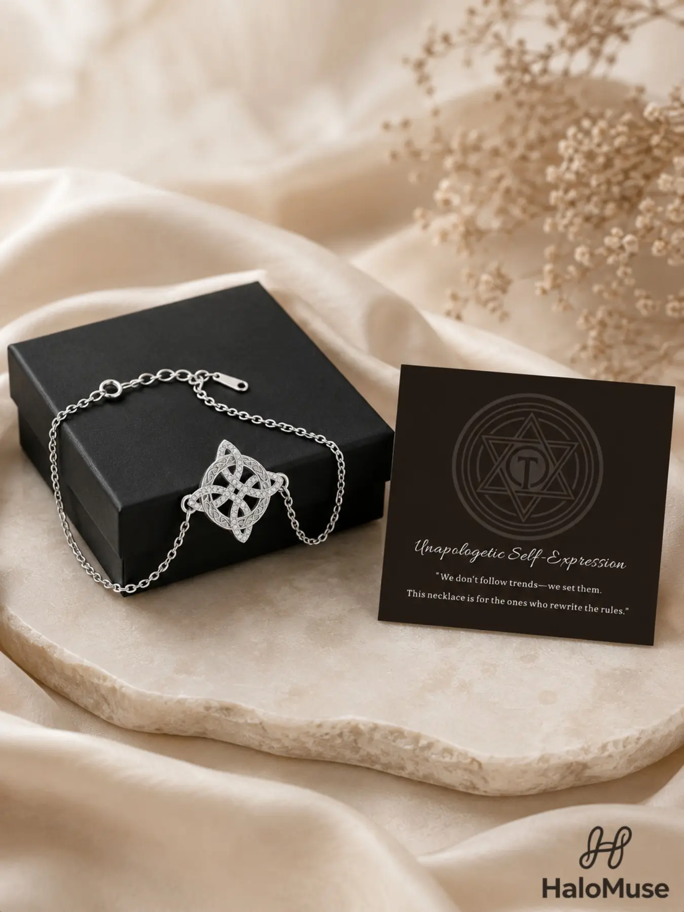 Halo Muse 1 Set Celtic Knot Bracelet Gift Box Set, Delicately Sparkling Silver-Tone Pavé Infinity Knot Floral Bracelet with Black Square Gift Box and Brown Statement Card, Elegant Jewelry for Daily Wear, Office Looks, Date Night, Birthday for Girlfriend