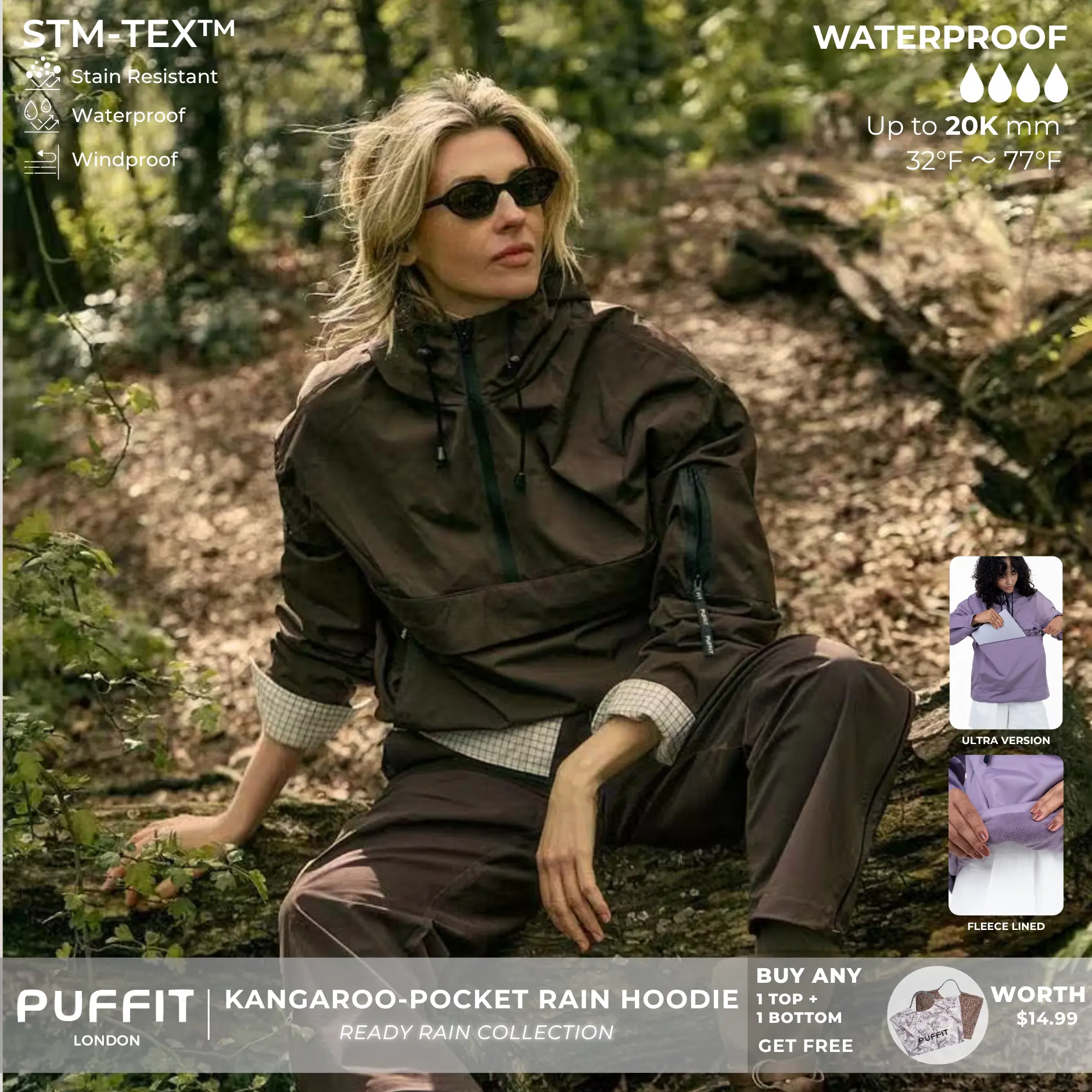 【Restocked】PUFFIT STM-TEX Waterproof Relaxed Fit Hoodie Coat Warm Half Zip Rain Jacket With Adjustable Waist,Hood & Cuffs,Large Kangaroo Pocket,Shell Jacket,Ski Jacket,Spring Jacket,Windbreaker,Dog Walking,School Running,Football Mum,Stylish,Womenswear