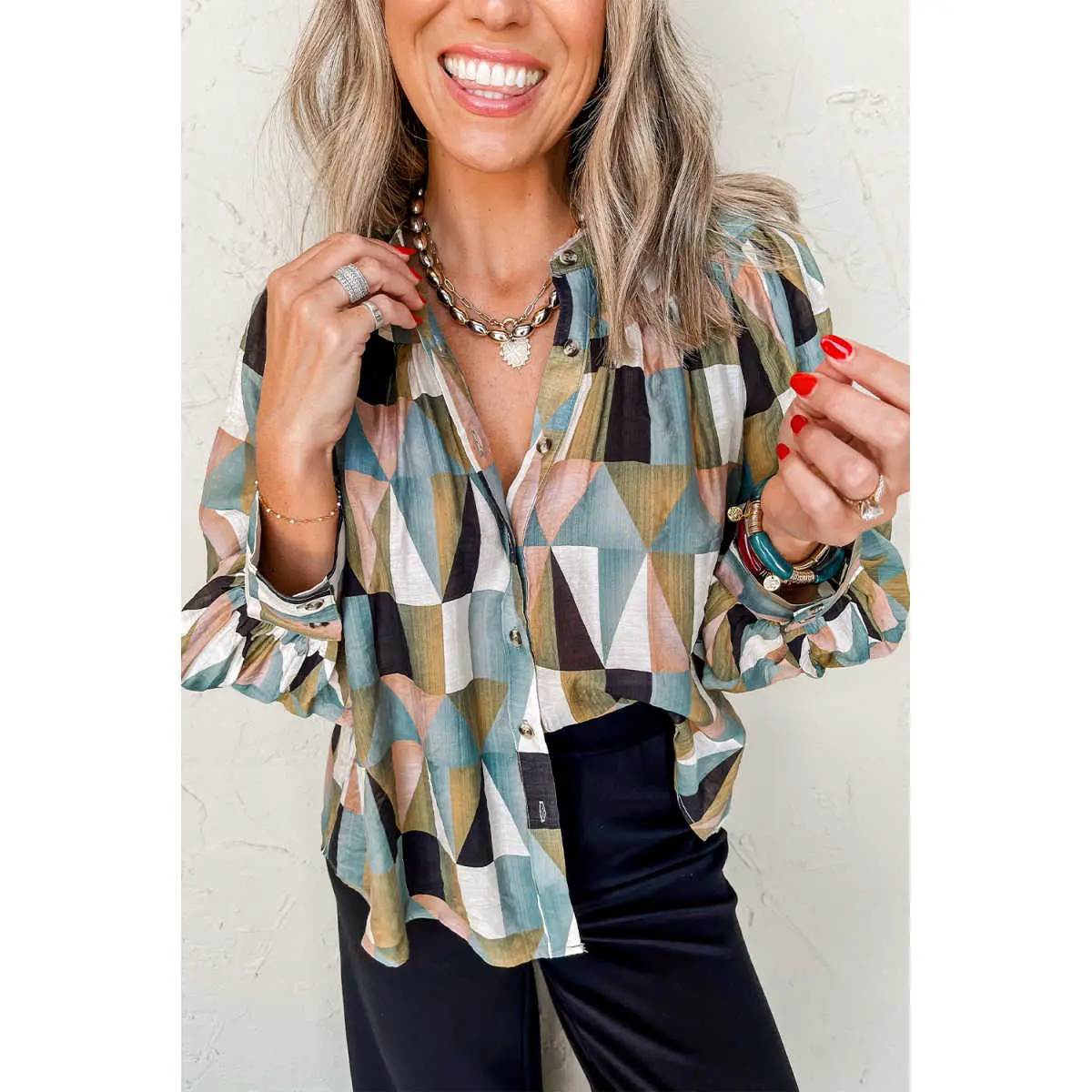 Women's Geometric Pattern Viscose Blend Button Front Blouse - Lady's Comfortable Balloon Sleeve Loose Fit Casual Long Sleeve Top for Everyday Wear, Button Down, Country, Collared Neck Blouses & Shirts