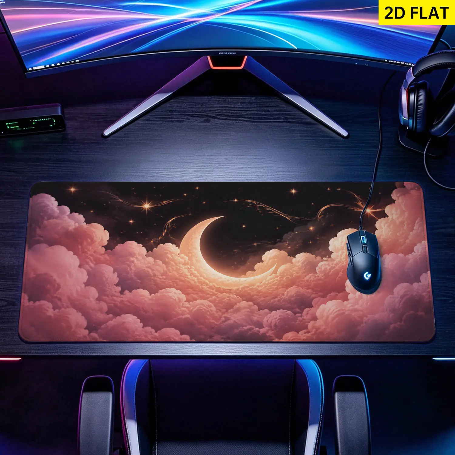 Extra Large dreamy crescent moon pink clouds starry sky Mouse Pad, Non Slip Rubber Pad, Desktop Decoration Drotection Pad, Washable, Lock Edge Multi Size, Premium Multipurpose Mousepad For Home, Office, Gift for Family and Friends