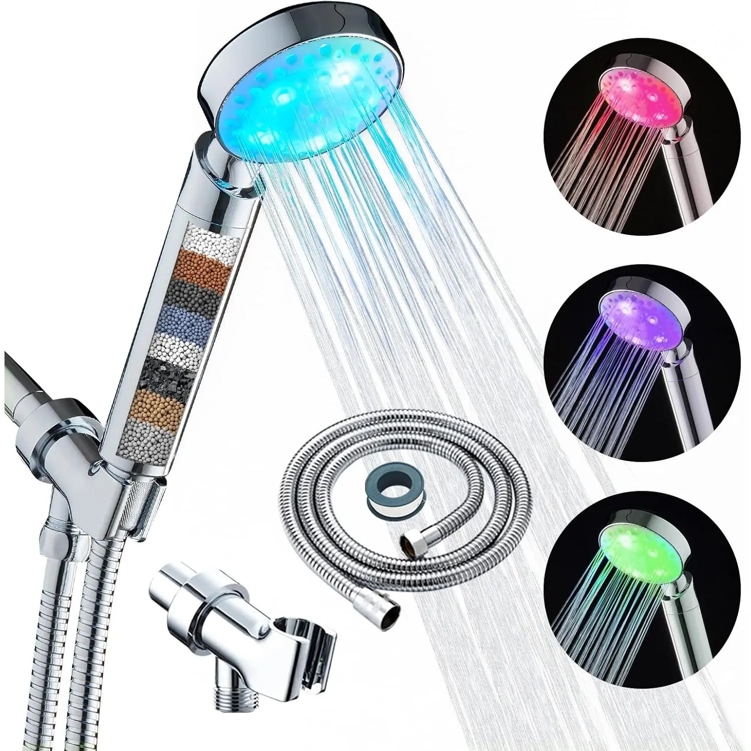 Filtered Led Shower  for Hard Water 7 Color Light Change Automatically Handheld Showerhead Polished Chrome with 60 Inches Stainless Steel Hose and Adjustable Bracket Filter Shower