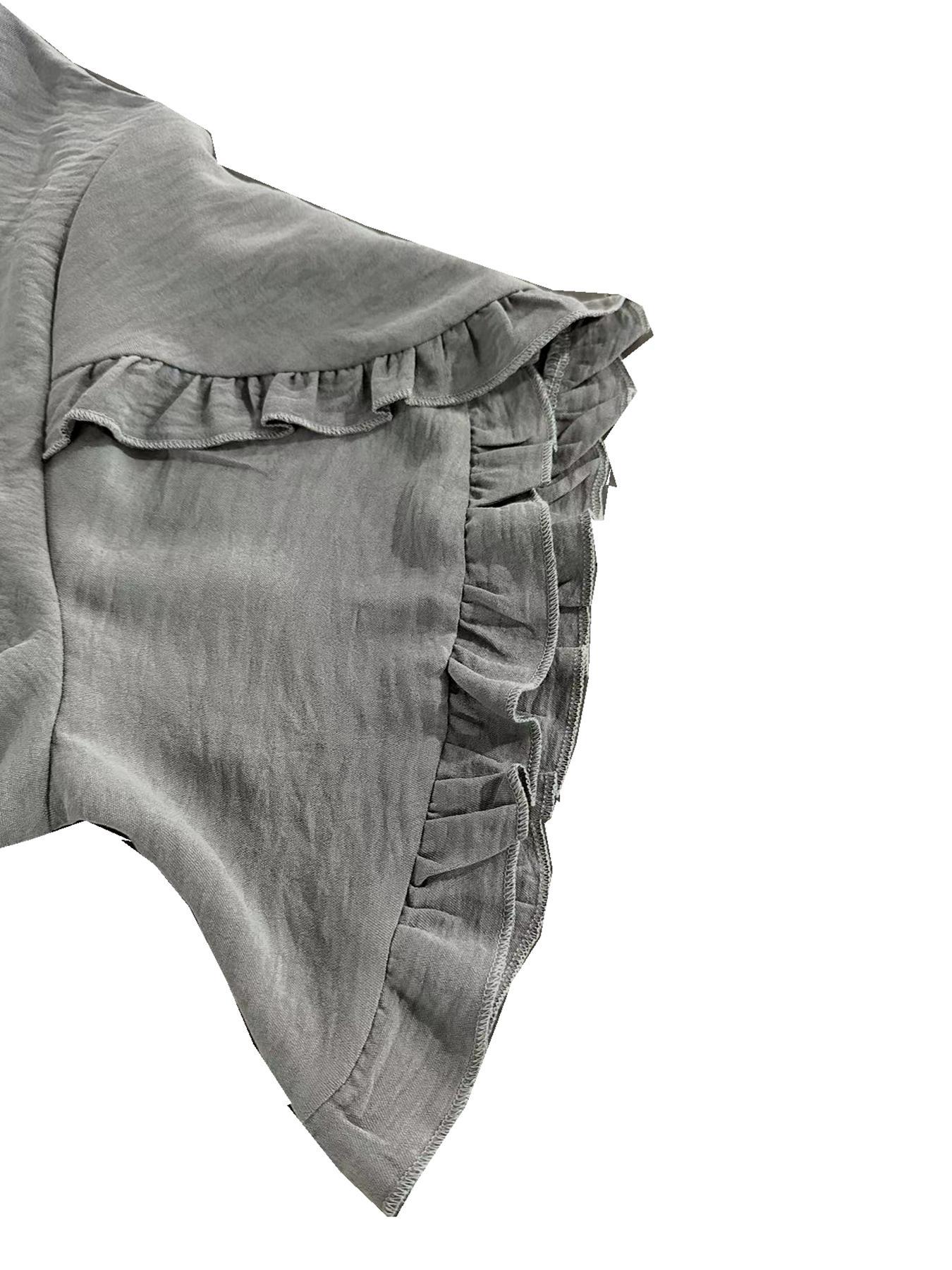 Plus Size Plain Frill Trim Petal Sleeve Notched Neck Tee, Casual Short Sleeve T-shirt for Daily Wear, Women Plus Clothing for All Seasons