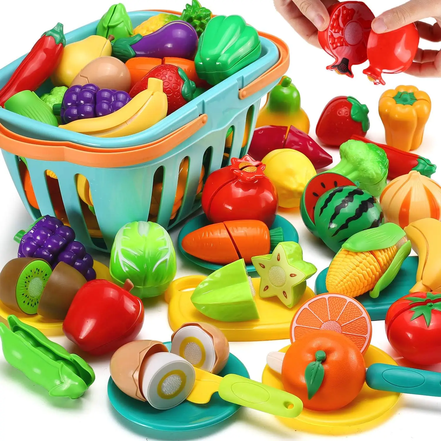 70 PCS Cutting Play Food Toy for Kids Kitchen, Pretend Fruit &Vegetables Accessories with Shopping Storage Basket, Plastic Mini Dishes and Knife, Educational Toy for Toddler Children Birthday Giftfidget toys