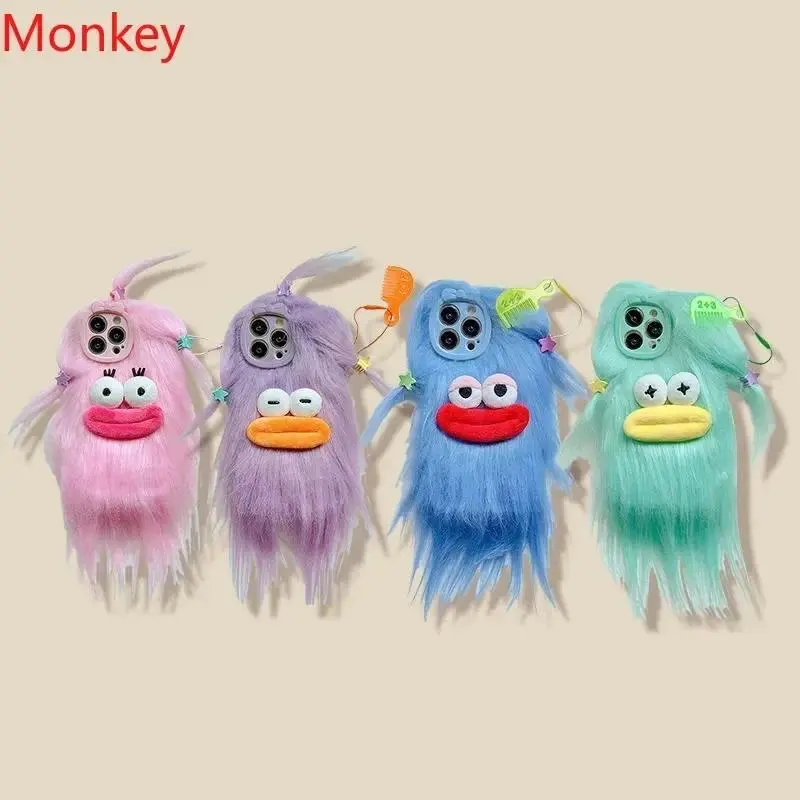 Funny Fluffy Plush Monster Soft Fur Phone Case - Shockproof Fluffy Look Accessory for iPhone Series (17 Pro Max,16,15,14 Plus,13,12,11) - Cute Winter Warm Protection Cover for Cellphones