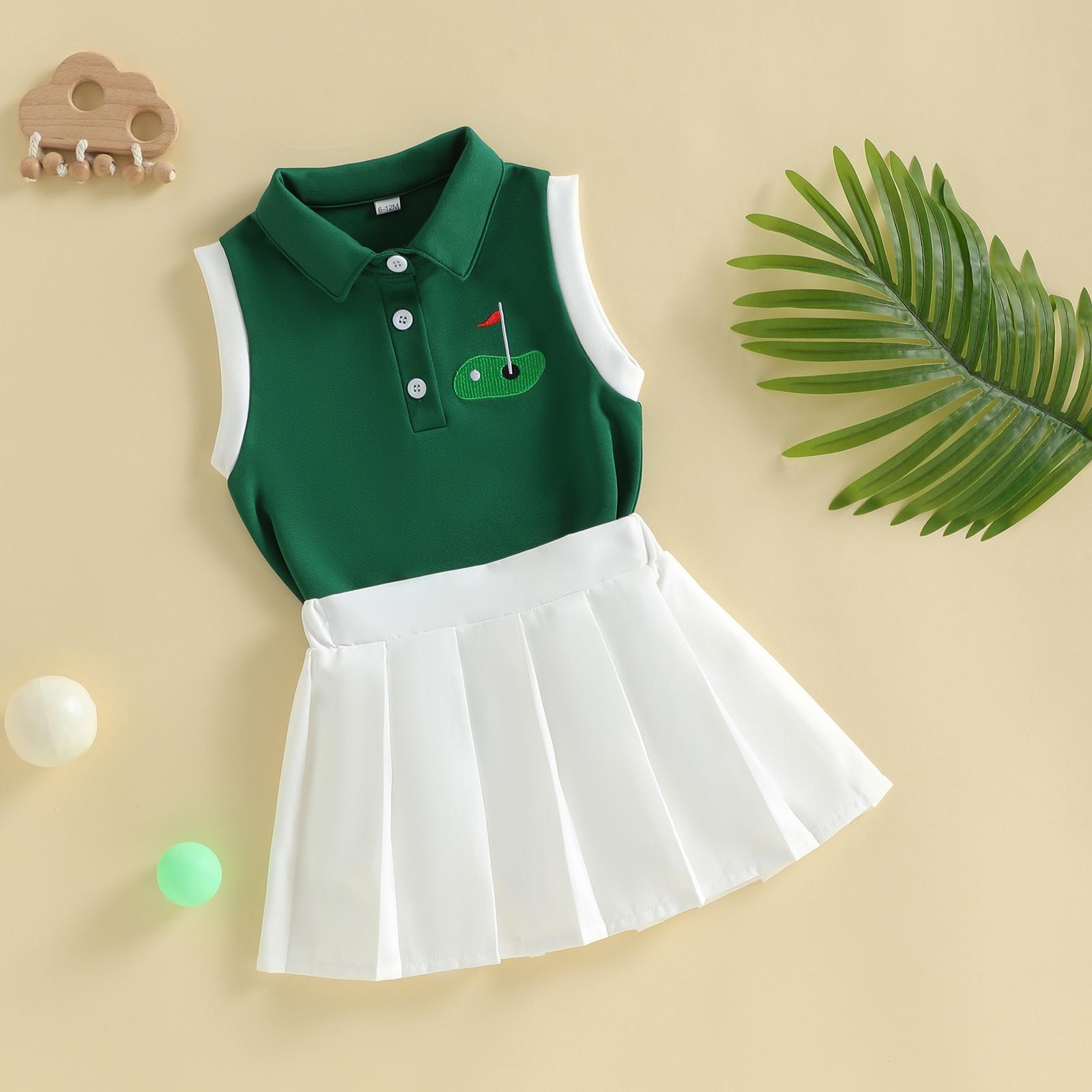 Toddler Baby girl Golf Outfit Sleeveless Collared Golfing Theme Embroidery Tank Top Pleated Skirts Set Summer Clothes