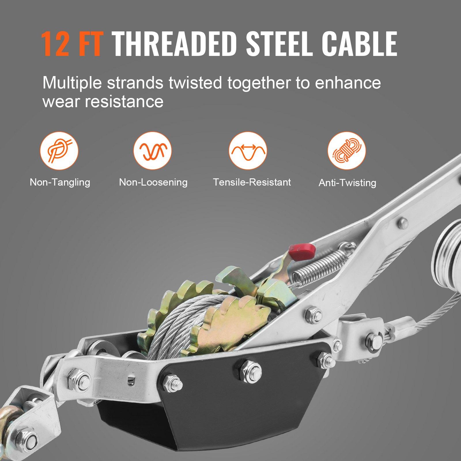 VEVOR Come Along Winch, 2 Ton (4,409 lbs) Pulling Capacity, 12 ft Steel Cable, 2 Hooks, Heavy Duty Ratchet Power Puller Tool with Dual Gears, Automotive Hoist Cable Puller Ideal for Vehicle Rescue