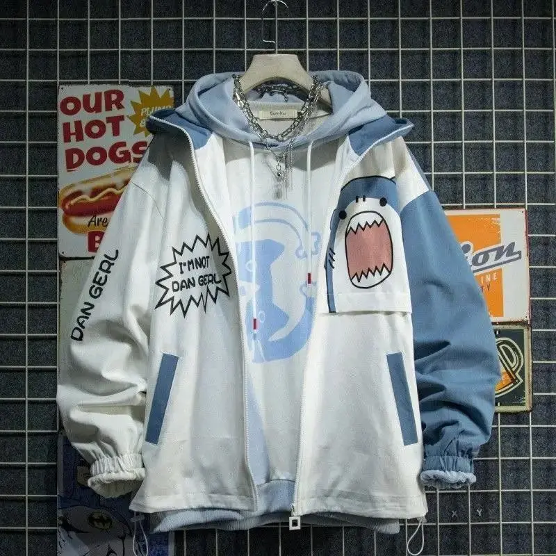 New 2025 Spring Woman Hooded Cute Shark Print Japanese Style Patchwork Teen Hoodies Jacket Fashion Harajuku Women Sweatshirt
