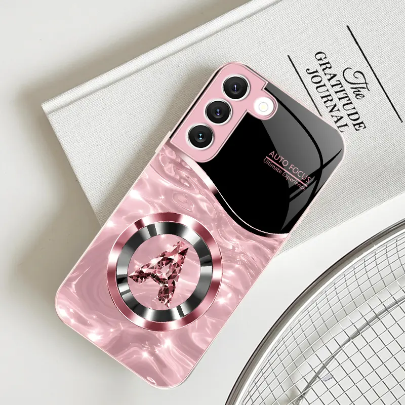 Cute Pink Love Heart Glitter Cross Luxury Glossy Electroplated Magnetic Tempered Glass Case for Galaxy S22 5G — 9435