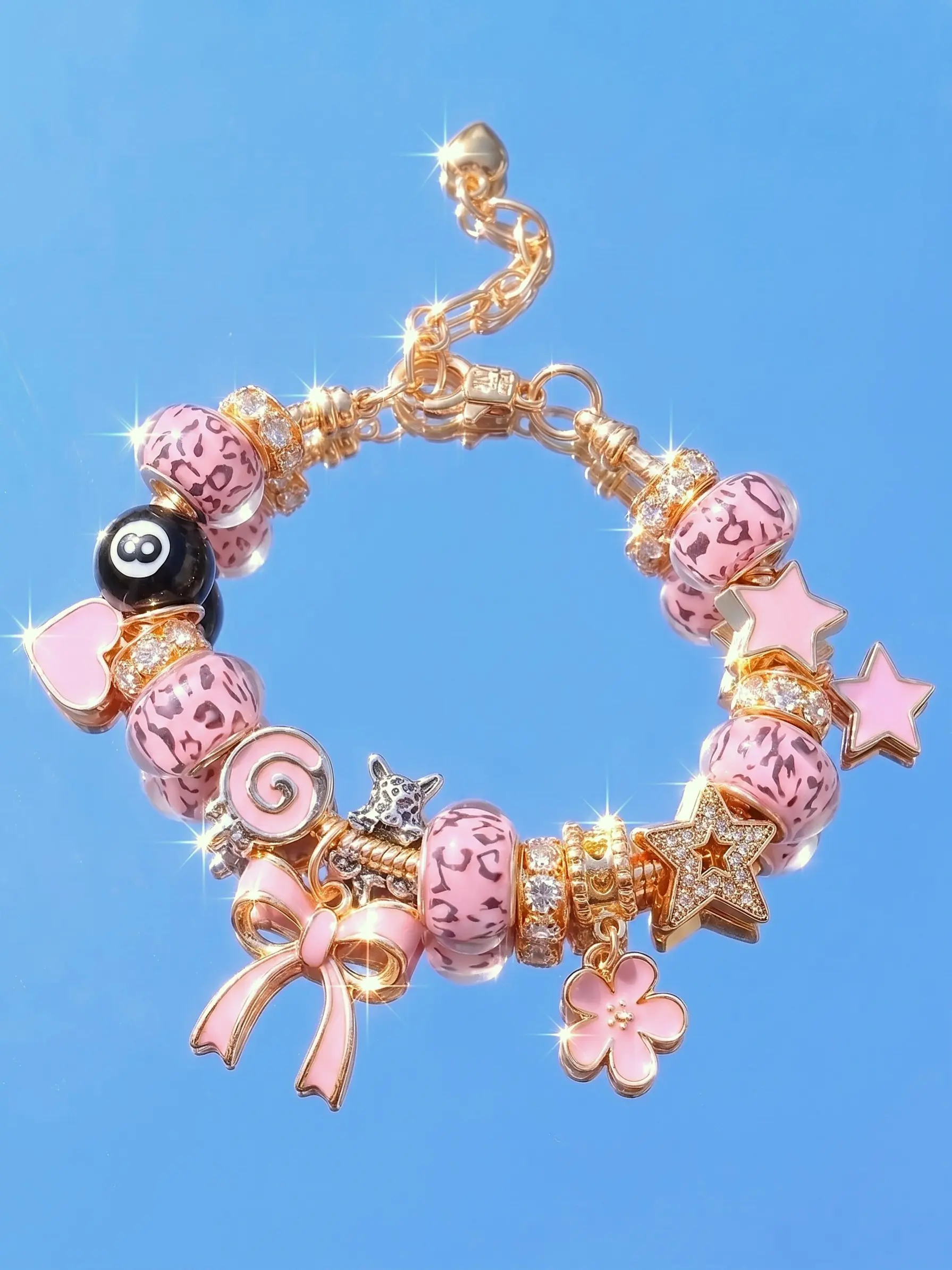 Y2K Chunky Charm Bracelets, Cross Bracelet & Leopard Print Beaded Bracelet with Bow & 8 Ball Charms, Trendy Star Girl Jewelry