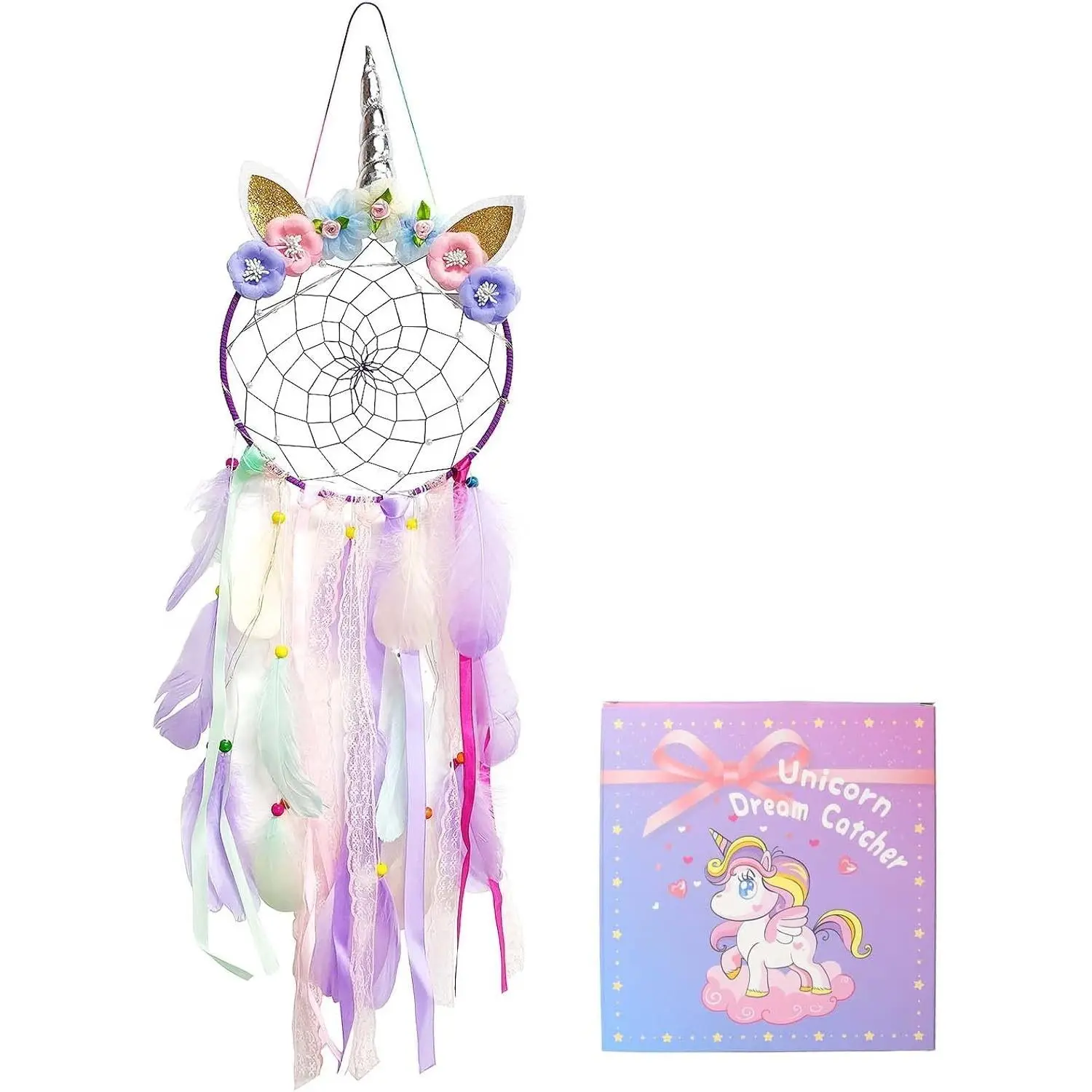 Unicorn Dream Catcher with LED Lights, Purple Feathers & Pearls Wall Hanging Decor for Girls Kids Toddlers Bedroom Decoration (Purple with Light)Gift