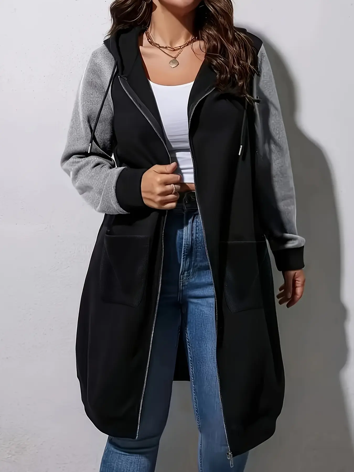 Women's Patchwork Long Zipper Hoodie Jacket, Casual Long Sleeve Women's Coat with Pockets, Stylish and Comfortable Outerwear