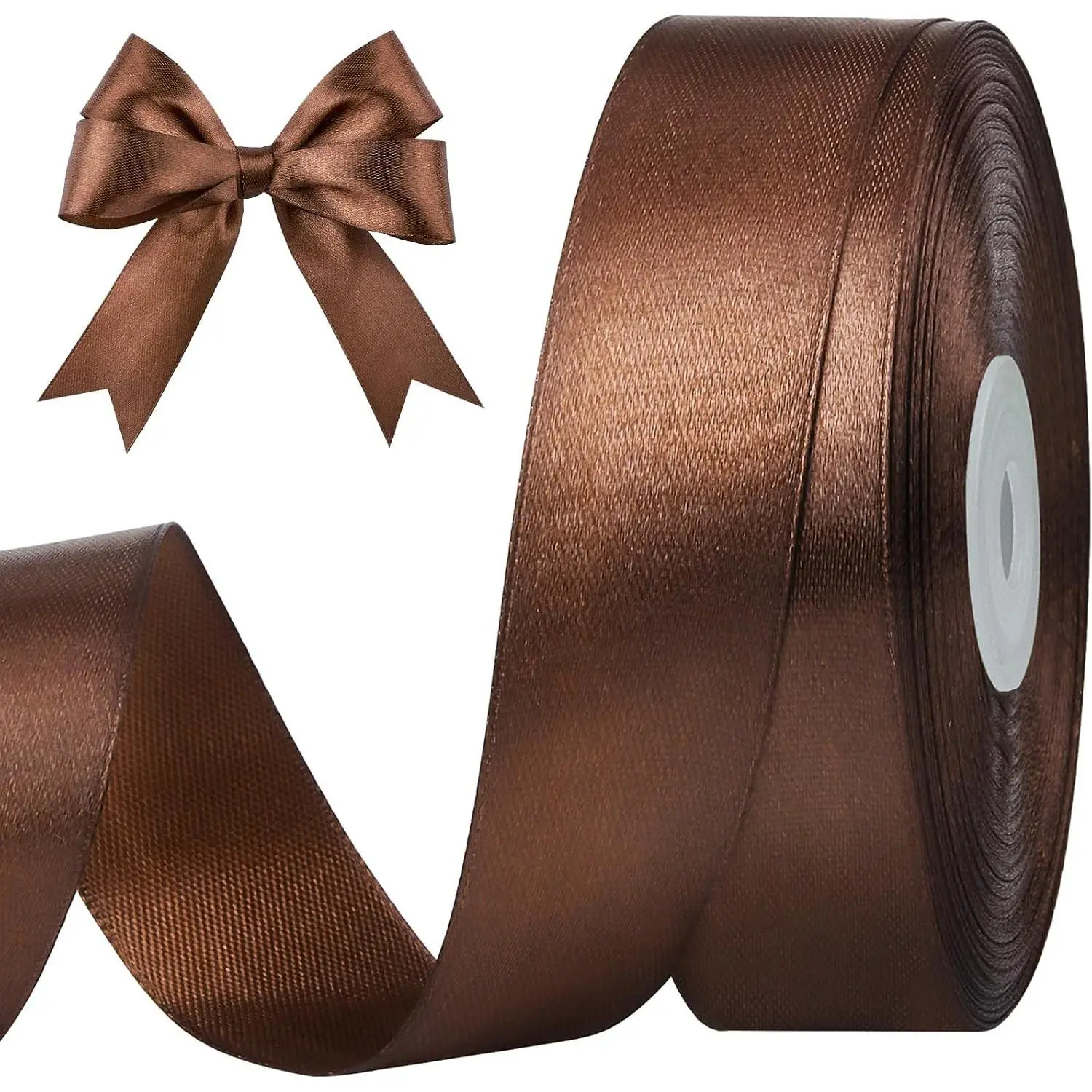 1 Inch 50 Yards Brown Satin Ribbon, Solid Fabric Ribbon Roll for Flower Bouquets, Gift Wrapping, Wedding, Handmade Crafts