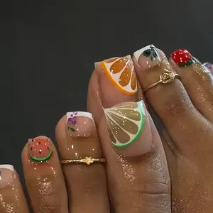 Sweet-and-cool summer fruit press-on toenails feature 3D gel nails designs including sweet orange, fresh lemon, blueberry, grape, and hand-painted watermelon motifs. A must-have accessory for summer beach trips, vacations, and pool parties fake nails
