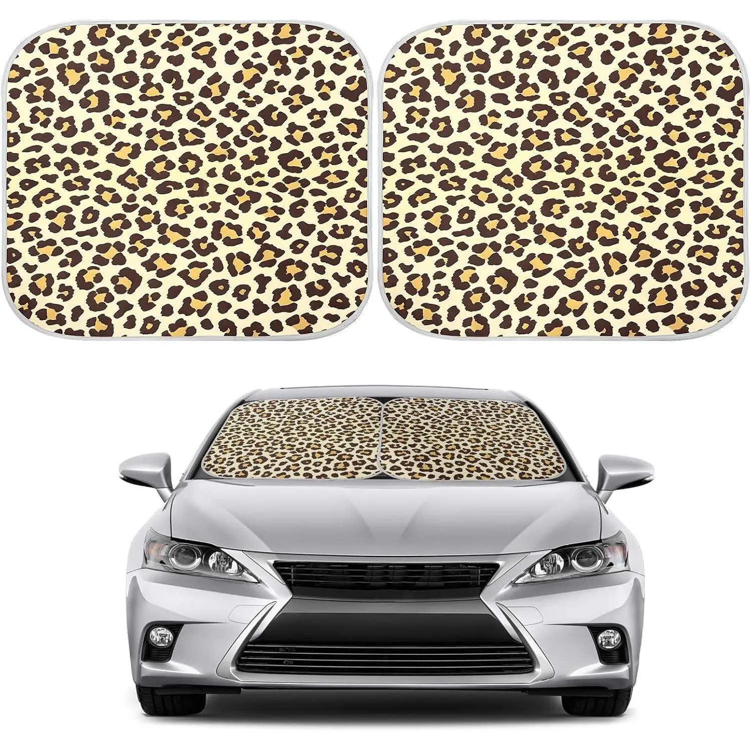 2 PCS Car Front Windshield Shade, Leopard Auto Windshield Sunshade Foldable Sun Blocker to Keep Your Vehicle Cool, Front Windscreen Sun & Heat Protection Cover for Most Vehicles (Yellow)