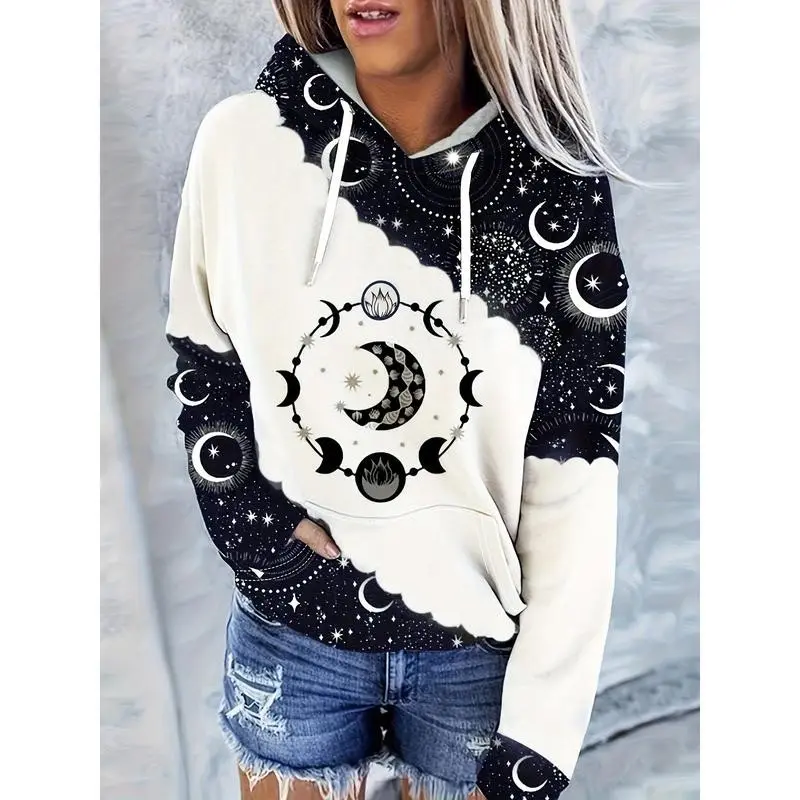Casual Long Sleeve Drawstring Hoodies Sweatshirt - Moon Print Kangaroo Pocket Hoodie - Women's Clothing
