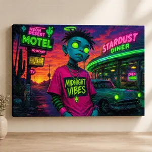 Midnight Vibes Neon Wall Art Poster, Retro Desert Motel Diner Canvas Print, Colorful Urban Character Aesthetic Decor, Bedroom Living Room Office Wall Art, Teen Room Poster, Modern Gift Idea,wall decor,poster.