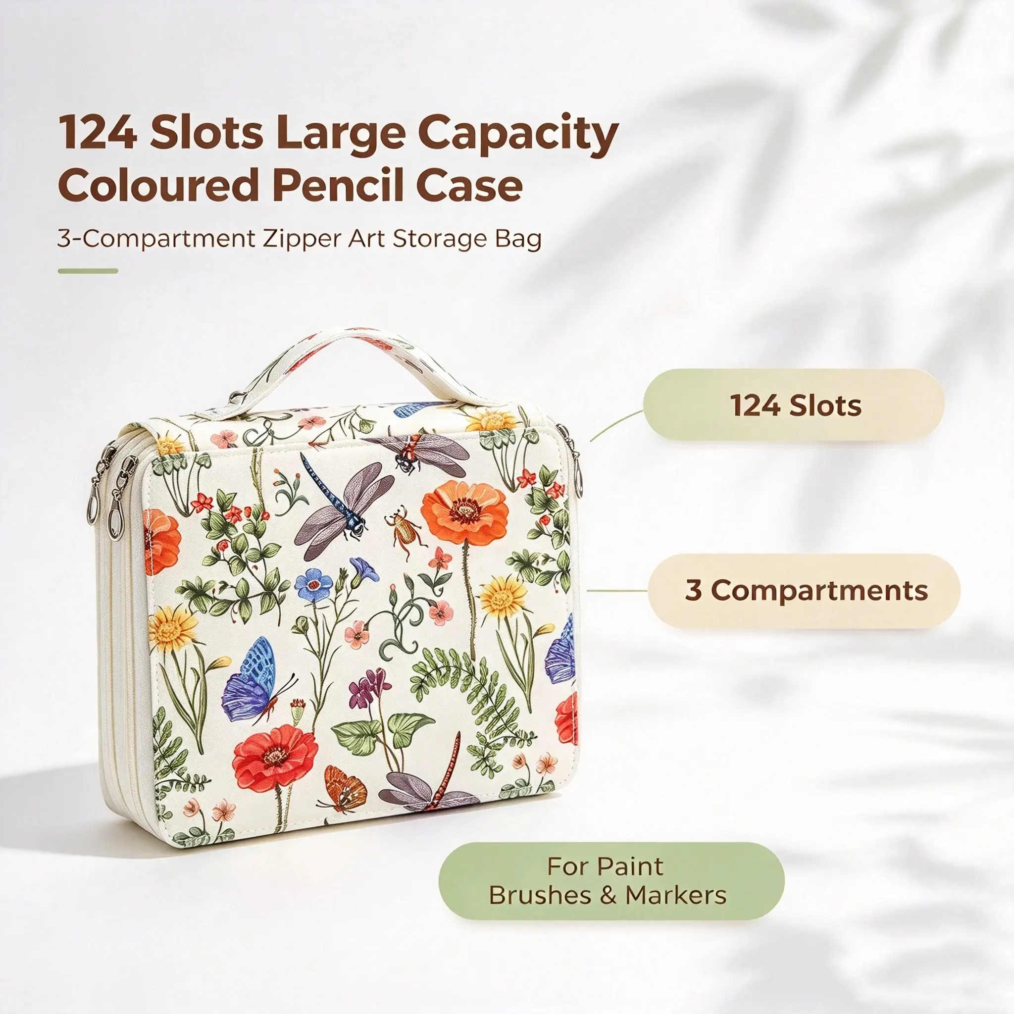 124 Slots Large Capacity Coloured Pencil Case, 3 Compartment Zipper Pen Bag, Multi-Colour Art Marker & Crayon Storage Pouch for Artists & Students, Art Supplies