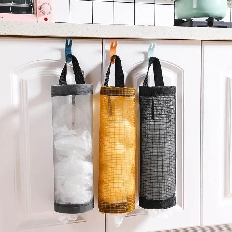 2-Pack Reusable Hanging Mesh Plastic Bag Dispensers – Space-Saving Kitchen Organizers for Grocery Bags, Trash Bags and Household Storage