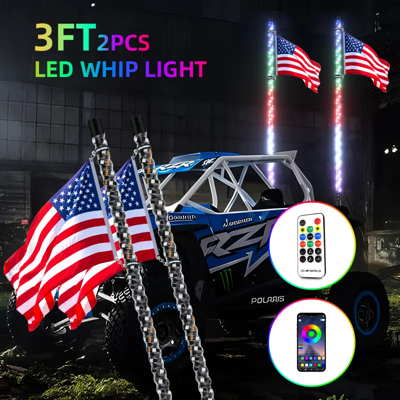 Music Antenna Whip Light For Can Am UTV ATV RZR SXS Polaris Offroad Truck 3FT LED Whip Lights With Spring Base Spiral RGB Chasing Lights With App And Remote Control