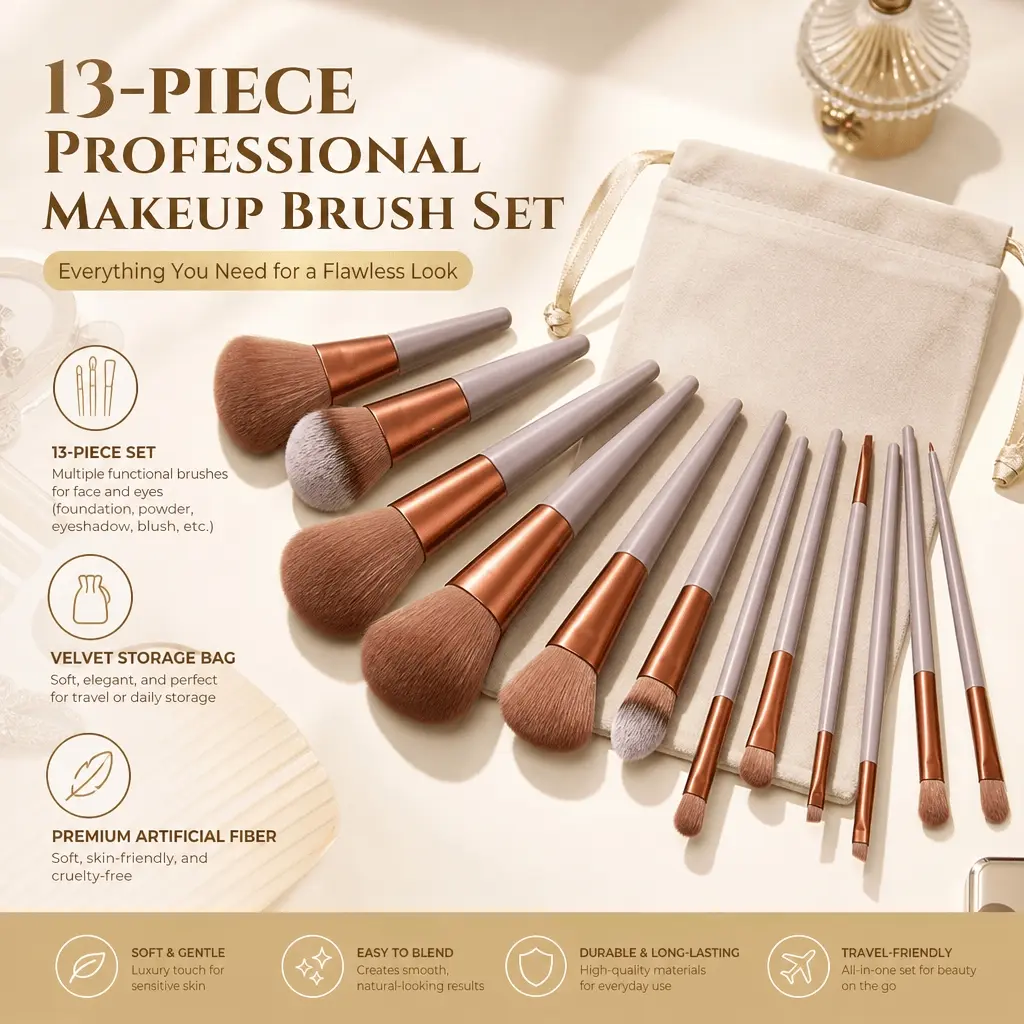 13-Piece Pro Makeup Brush Set with Velvet Pouch | Non-Slip Grip, Washable Face & Eye Brushes, Round & Flat Tips, Seamless Blending, Travel-Friendly, Durable Anti-Rust, 1/2 Sets