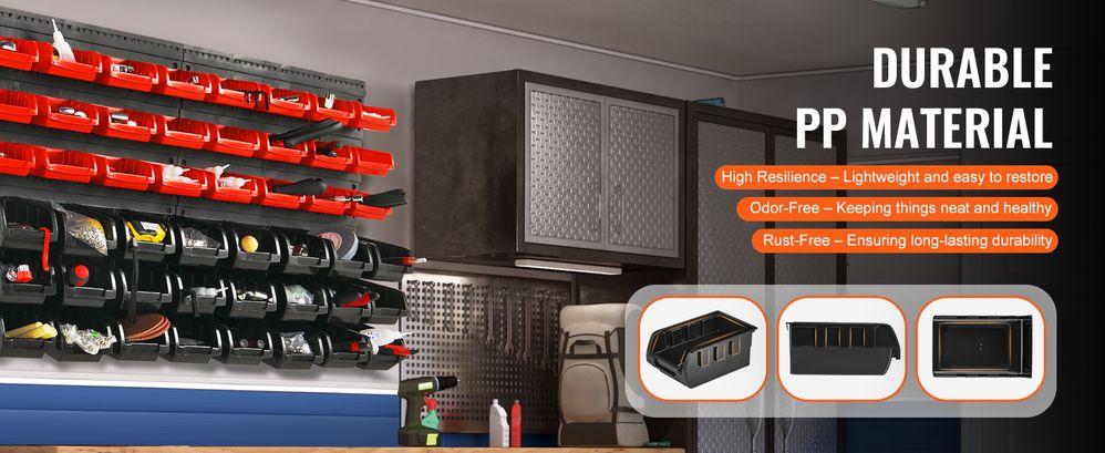 Wall Mounted Storage Bins, 48-Bin Parts Rack Organizer Garage Plastic Shop Tool with Wall Panels, Tool Organizer for Nuts, Bolts, Screws, Nails, Beads, Buttons, Other Small Parts, Black and Red
